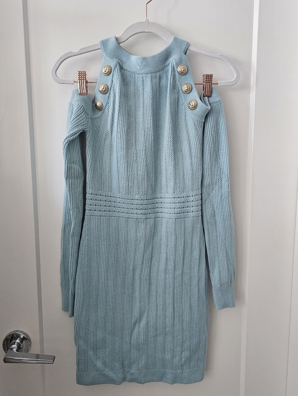 Turquoise Off Shoulder One Piece Knit Dress With Gold Buttons
